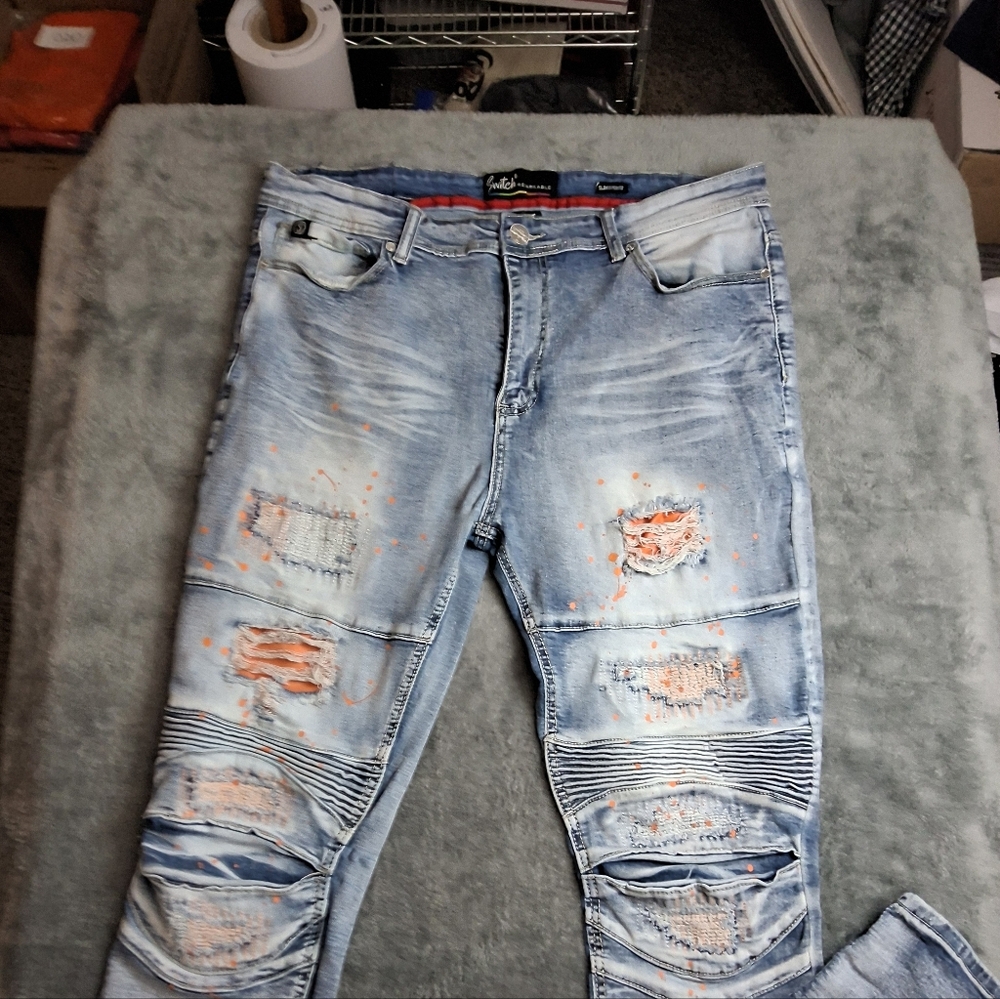 Switch Remarkable Jeans Men 38x34 PatchWork Painted Fade Slim Taper‎ Fit Biker